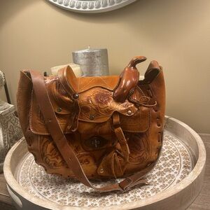 Hand-Tooled Leather Saddle-Style Crossbody Bag in Cognac Brown